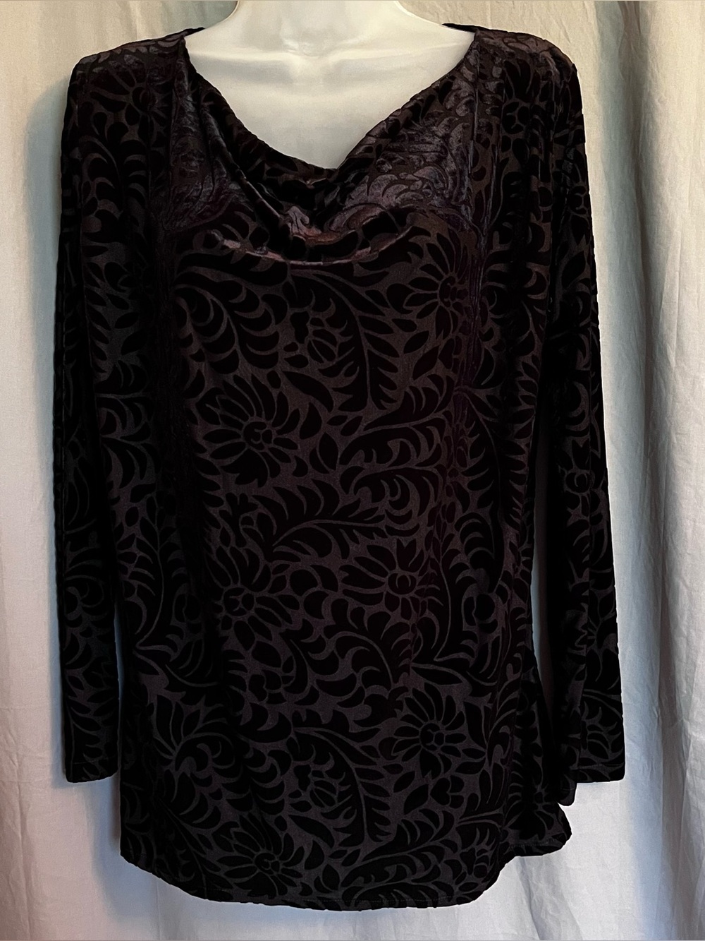 Vintage Dorin Frankfurt Black Floral Burnout Velvet Cowl Neck Top - Size 1 (S/M)
